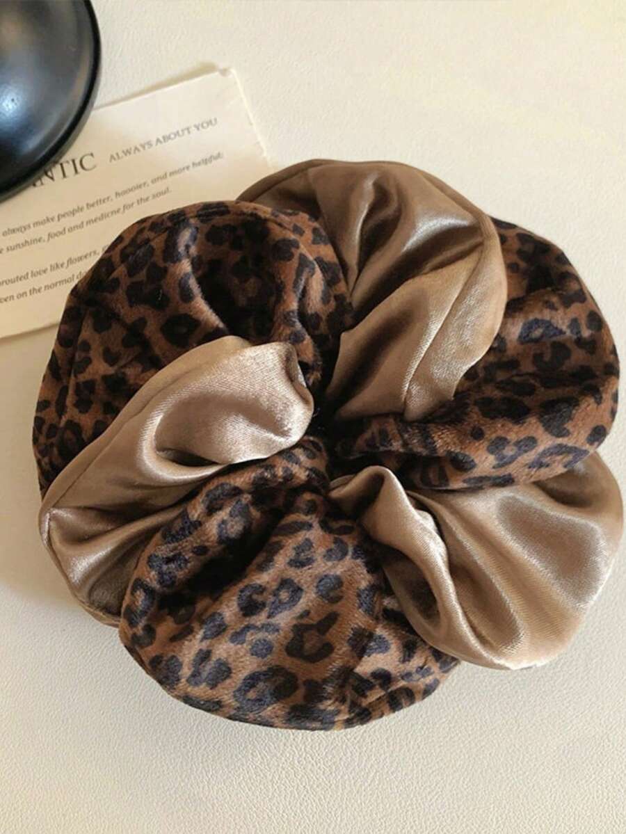 1pc French Vintage Leopard Print Patchwork Large Scrunchie Hair Tie For Women, Elegant Fashion Low Bun Ponytail Hair Accessory - Multicolor - View 1