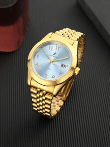 RICECGO Gold Quartz Wristwatch, Chain Band Design, Dial With Arabic Numerals And Date Display, Versatile Fashion Choice For Business And Casual Wear - Gold - View 1