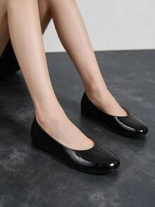 Metallic V-Cut Ballet Shoes, Plus Size Wide Fit Round Toe Slip-On Daily Shoes - Black - View 9