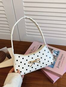 Girls Sweet Polka Dot Underarm Bag, Bow Decor Handheld Small Bag, Versatile One Shoulder Baguette Bag, Outfit Accessory - A - View 5