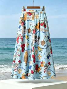 Yuyi Clothing 復古水果花卉印花高腰 A 字中長裙，前開扣口袋度假擺裙，夏季款 - 藍色 - 查看 2
