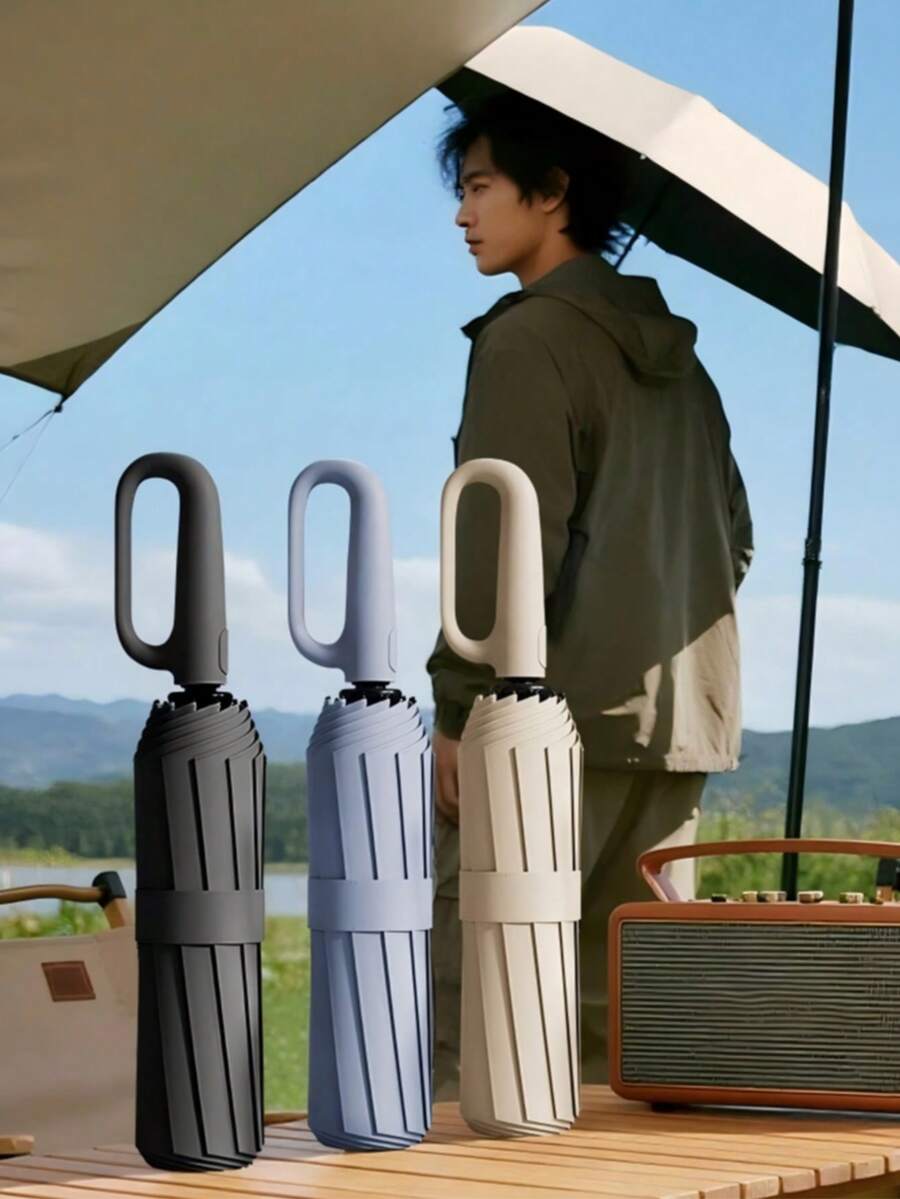 3pcs Fashion Automatic Reverse Umbrella, Windproof UPF50+ Black Coating Sun Protection, Waterproof Pongee Fabric, One-Click Open/Close, Lightweight & Portable, Suitable For Camping, Commuting, Travel, Gift - Practical - View 1