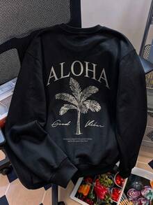 Women's Autumn/Winter Aloha Palm Tree Print Long Sleeve Pullover Sweatshirt, Round Neck Regular Fit Casual Fashion Sweatshirt Suitable For Daily Commute And Outings - Black - View 5