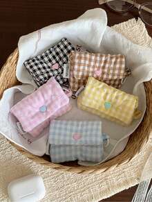 1pc Checkered Quilted Earbud Carrying Bag Multi-Use Small Fabric Pouch With Keychain Ring Girly Earphone Case Cute Mini Storage Bag For Tiny Items - Multicolor - View 3