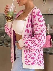 Plus Size Ladies Leopard Knit Cardigan Open Front Long Sleeve Sweater Autumn Winter Commuter Workwear Outerwear Tops - Multicolor - View 4