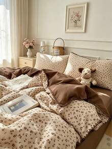 Shell Triangle Lace Duvet Cover 4-Piece Set, Soft And Comfortable Bedroom Bedding, Lace Design With Cute Floral Pattern, Breathable And Soft All-Season Bedding Set, Includes 1 Duvet Cover, 1 Bed Sheet, 2 Pillowcases, No Filling, Suitable For Bedroom, Dorm, Home, Multiple Size Options - Brown and White - View 6