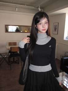Autumn/Winter Korean Casual Y2K Pure Desire Style Women's Knit 2 Pieces Set: Mock Neck Sleeveless Long Vest + U-Neck Embroidered Long Sleeve Knit Top, Colorblock Ribbed Design, Suitable For Girls' Daily, School And Party Outfits - Dark Grey - View 4