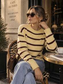 Women's Striped Knit Pullover Sweater Long Sleeve Casual Yellow Top Autumn/Winter - Yellow - View 4