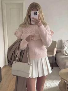 Women's Autumn/Winter New Elegant Pink Ruffle Knit Top, Suitable For Workplace Commute, Office Wear, Business Professional, Daily Casual Autumn - Pink - View 9