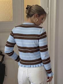 Plus Size Women Fall Winter Multicolor Striped Ruffle Trim Knit Cardigan , Casual Daily Long Sleeve Vacation For Women Fashion Top - Blue - View 8