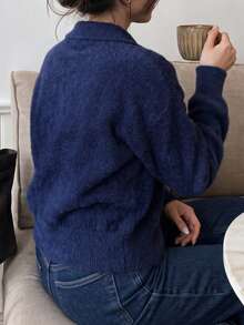 minisummer Cardigan Rajut Lengan Panjang Berkerah Bulu Halus Elegan untuk Wanita di Musim Gugur, Pakaian Musim Gugur untuk Wanita, Jaket Sweater Lembut dan Mewah untuk Kantor Sehari-hari - Navy Blue - View 3