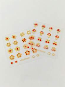 2pcs Self-Adhesive Ear Studs No Drilling, Gold-Edged Flower Mushroom Cherry Rhinestone Face Stickers, Temporary Ear Stickers For No Piercing, Suitable For Halloween Party, Music Festival Makeup Accessories - Multicolor - View 6