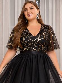 Women Plus Size V-Neck Sequins Evening Party Dress For Wedding Guest Mother Of Bridal Prom Gowns Shinning Ruffle Sleeve Formal Occassion - Black - View 6