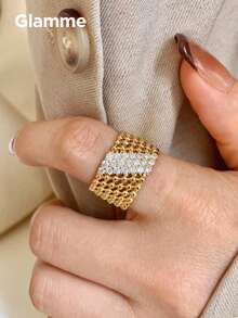 1pc Vintage Hollow Beaded Metal Ring For Women, Elegant Open Band Ring For Party And Formal Occasions - Gold - View 3