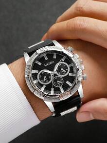 Men's Silicone Watch Classic Fashion Three-Eye Dial Handsome Sports Quartz Wristwatch, Gift For Boyfriend Watch (1pc/Set) Watch Box Not Included - Black - View 2