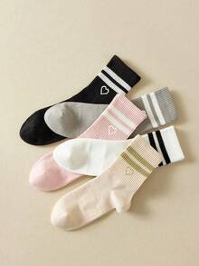 6/10/20/30pcs Women's Fashion Personalized Mid-Calf Socks - Solid Color, Striped And Heart Pattern Design, Soft Comfortable, Breathable Casual, Suitable For Daily Wear. 1 Pair - Multicolor - View 2