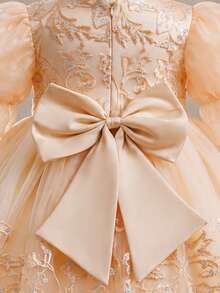 Baby Girl Sweet Bow Decor Embroidered Princess Dress, Suitable For Baptism, First Birthday Party, Wedding Flower Girl, Photography - Champagne - View 6