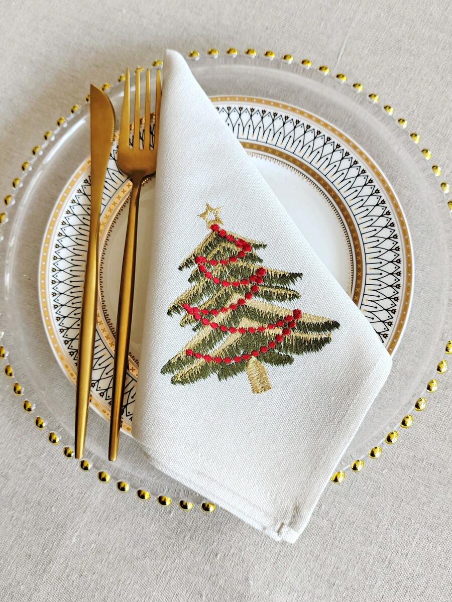 1件/2件/4件裝聖誕樹刺繡布餐巾，白色可重複使用餐巾，聖誕晚餐、感恩節與冬季派對的節日餐桌裝飾 - 彩色 - 查看 1