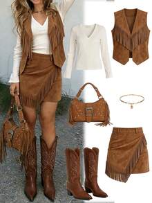 2026 Autumn/Winter Vintage Western Brown Faux Suede Mini Skirt, Asymmetrical Fringe Bodycon, Retro Party, Halloween, Christmas, Graduation, Disco, Bohemian - Mocha Brown - View 5