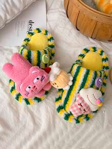 2026 New Cute Pattern Color Block Striped Slippers, Anti-Slip Warm Comfortable Fuzzy Shoes, Home, Couples, Versatile - Yellow - View 2