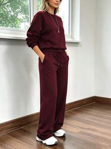 2件組 Falloutfits 女款運動套裝，時尚舒適拼色夾克與休閒長褲，適合秋冬穿著 - 酒紅色 - 查看 5