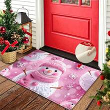 1pc Joyful And Cute Pink Snowman And Snowflake Pattern Microfiber Bath Rug,Non‑Slip Soft Bathroom Mat,Water‑Absorbent Doormat,Machine Washable,For Bedroom,Kitchen,Entryway,Indoor & Outdoor Use,Home Decor,Perfect Holiday Party Gift,Winter Decoration - A - View 2