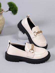 Girls' Cool Street Style Loafers, Classic Apricot Glossy Slip-On Casual Shoes, Suitable For Dinner Events And Everyday Occasions - Apricot - View 4