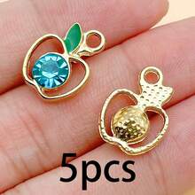 Random 5/10Pcs Mixed Color Hollow Apple Rhinestone Charms, Golden Enamel Leaf Fruit Pendant For DIY Earrings Bracelet Jewelry Making - Multicolor - View 14