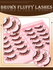 10 Pairs Brown Lashes, Fluffy & Wet, Fine & Thick Cat Eye Makeup, Spike Lashes, Cosplay Lashes, Cat Eye Lashes, Two Styles, Two In One Eyelash - Brown - View 6