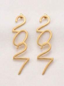 1 Pair New Creative Style 2027 Digital Fashion Minimalist Exaggerated Large Earrings, Suitable For Personalized Parties, Celebrations, Festivals And Other Occasions - Gold - View 4