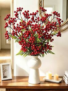 1pc Artificial Plants Long Stem Berry Branches Red Berry Stems Picks Christmas Tree Decorations Home Party Decor Table Centerpieces - Red - View 3