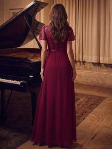 EVERPRETTY Fall Elegant Women's Evening Gown Luxury Sequin Patchwork Dress V-Neck Ruffle Sleeve A-Line Burgundy Formal Dress For Wedding Anniversary - Burgundy - View 6