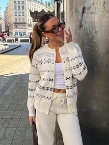 Geometric Pattern Sweater Cardigan, Button Front, Long Sleeve, Soft Knit, Regular Fit, Ivory, Elegant Fall Layering Top For Casual Winter Wear - Apricot - View 2