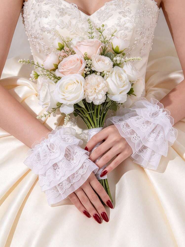 1 Pair White Lace Trim Women's Gloves, Faux Cuff, Elegant Fashion, Suitable For Wedding, Daily, Evening Wear Elegant Women's Gloves - White - View 3