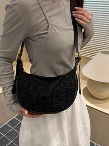 女款 PU 皮革餃子包，純色斜背馬鞍包，日常通勤包，可調節肩帶 - 黑色 - 查看 2