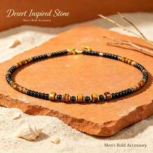 1pc A Men's Natural Tiger's Eye Necklace Decorated With Beads And Black Onyx.Symbolizing Courage. The Perfect Gift For Men And Versatile Necklace. - Black - View 5