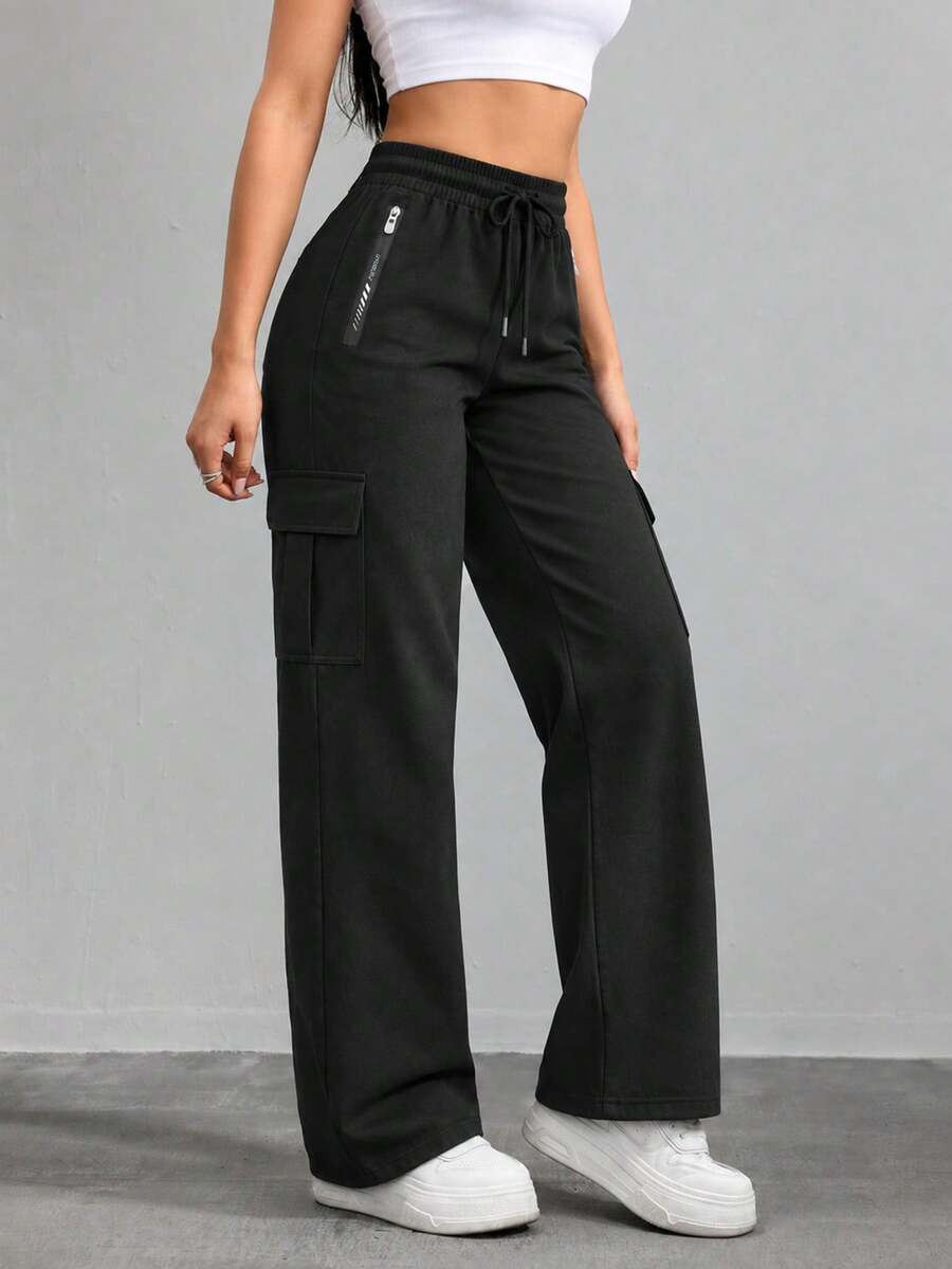 Women Black Wide Leg Cargo Pants Zipper Pockets Flap Pocket Drawstring Elastic Waist Loose Fit Casual Sweatpants - Black - View 1