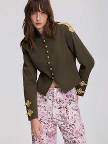 Women's Autumn Long Sleeve Round Neck Napoleon Style Blazer - Army Green - View 3