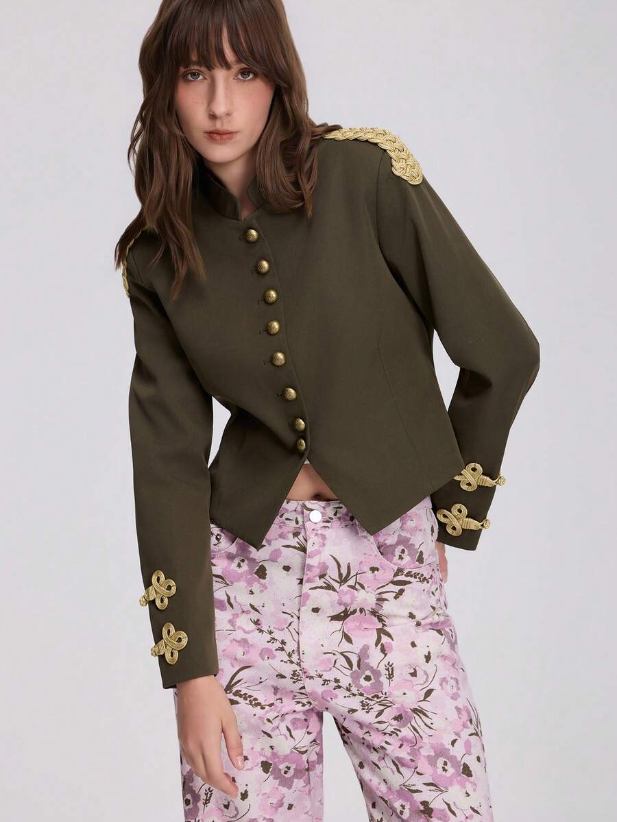 Women's Autumn Long Sleeve Round Neck Napoleon Style Blazer - Army Green - View 1
