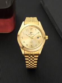RICECGO Gold Quartz Wristwatch, Chain Band Design, Dial With Arabic Numerals And Date Display, Versatile Fashion Choice For Business And Casual Wear - Gold - View 12