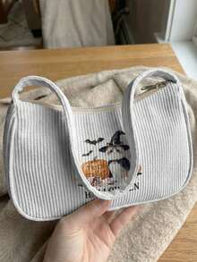 1pc Halloween Theme Print Corduroy Shoulder Bag, Underarm Bag, Large Capacity Storage, Zip Closure Y2K Baguette Handbag For Daily Travel Gift - Multicolor - View 5
