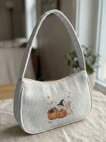 1pc Halloween Magic Kitten Print Corduroy Shoulder Bag, Underarm Bag, Large Capacity Storage, Zip Closure Y2K Baguette Handbag For Daily Travel Gift - Multicolor - View 9