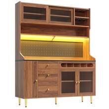 Flieks Highboard With Adjustable Shelves & LED Lights, Freestanding Storage Unit For Living Room Kitchen Dining, Tall Cabinet With Wine Rack, Dimensions 145x39x171cm - Natural - View 12
