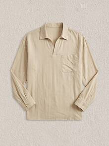 Mercer Haus Men's Henley Collar Long Sleeve Shirt Textured Striped Loose Casual Pullover Shirt - Apricot - View 3