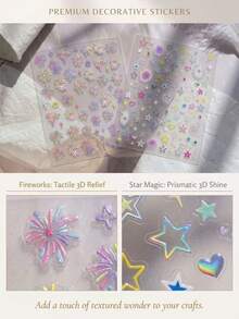 2 Styles Colorful Fireworks Star Heart Decorative Stickers, Laser Glitter Pattern, Suitable For Phone Case Earphone Camera Nail Art, Romantic Creative Multi-Purpose Decorative Small Stickers - Decorative Stickers - View 4