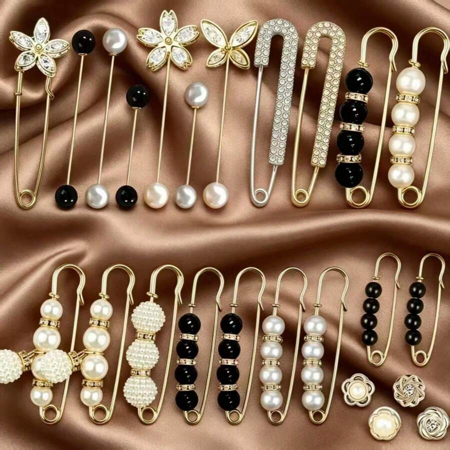 8pcs Faux Pearl Scarf Brooch Set, Multiple Headscarf Clips, Shawl Pins, Metal Faux Pearl Material, Suitable For Beach, Holiday And Other Occasions - Multicolor - View 1