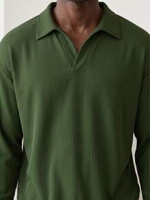 Men's Olive Green Ribbed Knit Polo Shirt V-Neck Long Sleeve Textured Fabric Casual Minimalist Autumn Top - Army Green - View 3