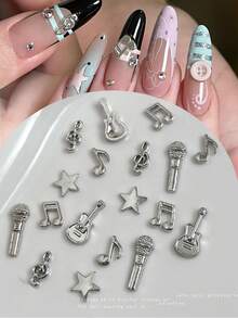 30pcs Random Assorted Music Theme Metal Note Nail Art Decor, Wearable Nail DIY Accessories, Y2K Sweet Cool Punk Star Microphone Guitar Nail Charms - Multicolor - View 1