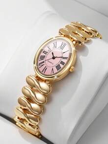 Elegant Luxury Twisted Alloy Chain Watch, Classic Roman Numeral Oval Dial Versatile Quartz Watch For Women, Gift For Girlfriend (1pc/Set) Watch Box Not Included - Gold - View 10