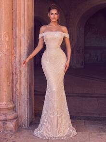 Women's Elegant Long Mermaid Evening Dress, Off-Shoulder Neckline, Embellished With Sequins And Pearls, Suitable For Formal Occasions - Champagne - View 4